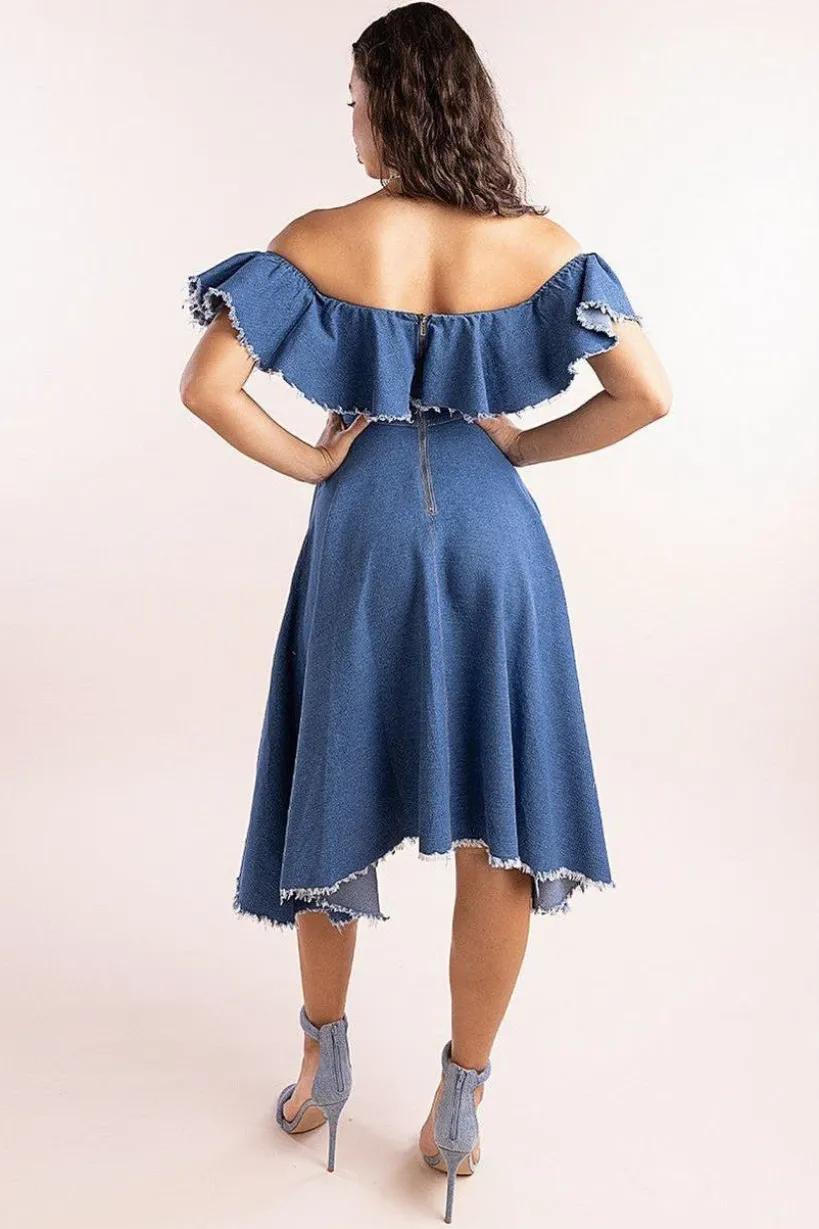 Denim Frilled Bardot High Low Dress - Blue Denim by Goddiva