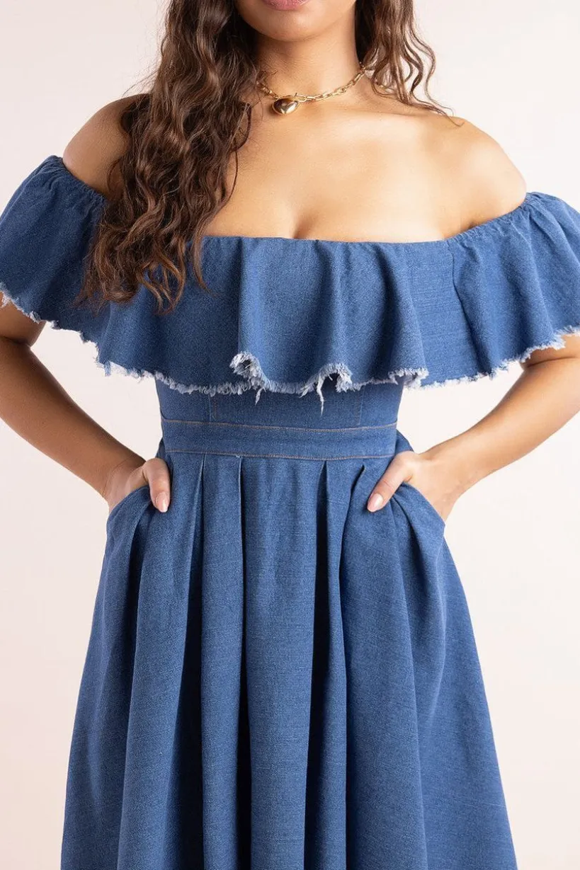Denim Frilled Bardot High Low Dress - Blue Denim by Goddiva