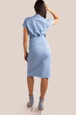 Denim Gathered Angel Sleeve Midi Shirt Dress - Sky Denim by Goddiva