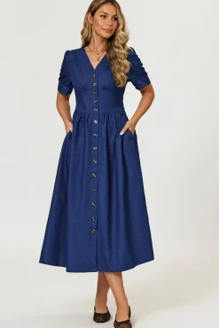 Denim Midi Dress In Blue by FS Collection