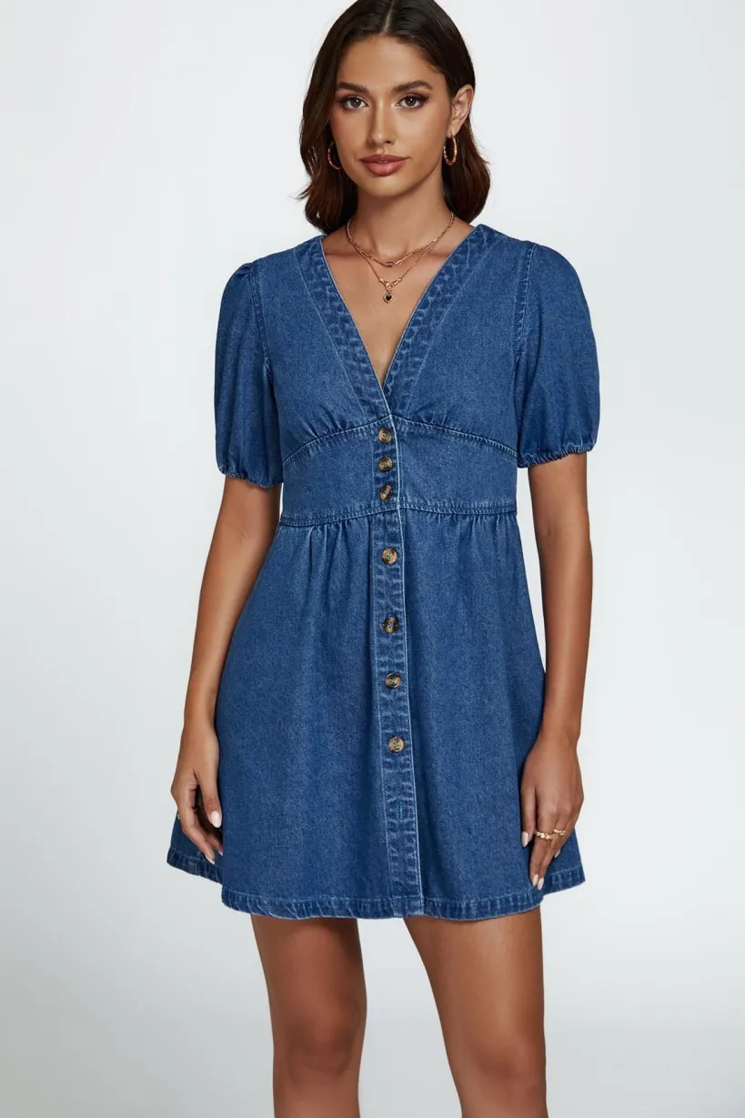 Denim Mini Dress In Blue by FS Collection