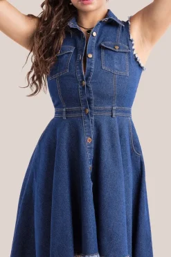 Denim Sleeveless High And Low Midaxi Dress - Navy Denim by Goddiva