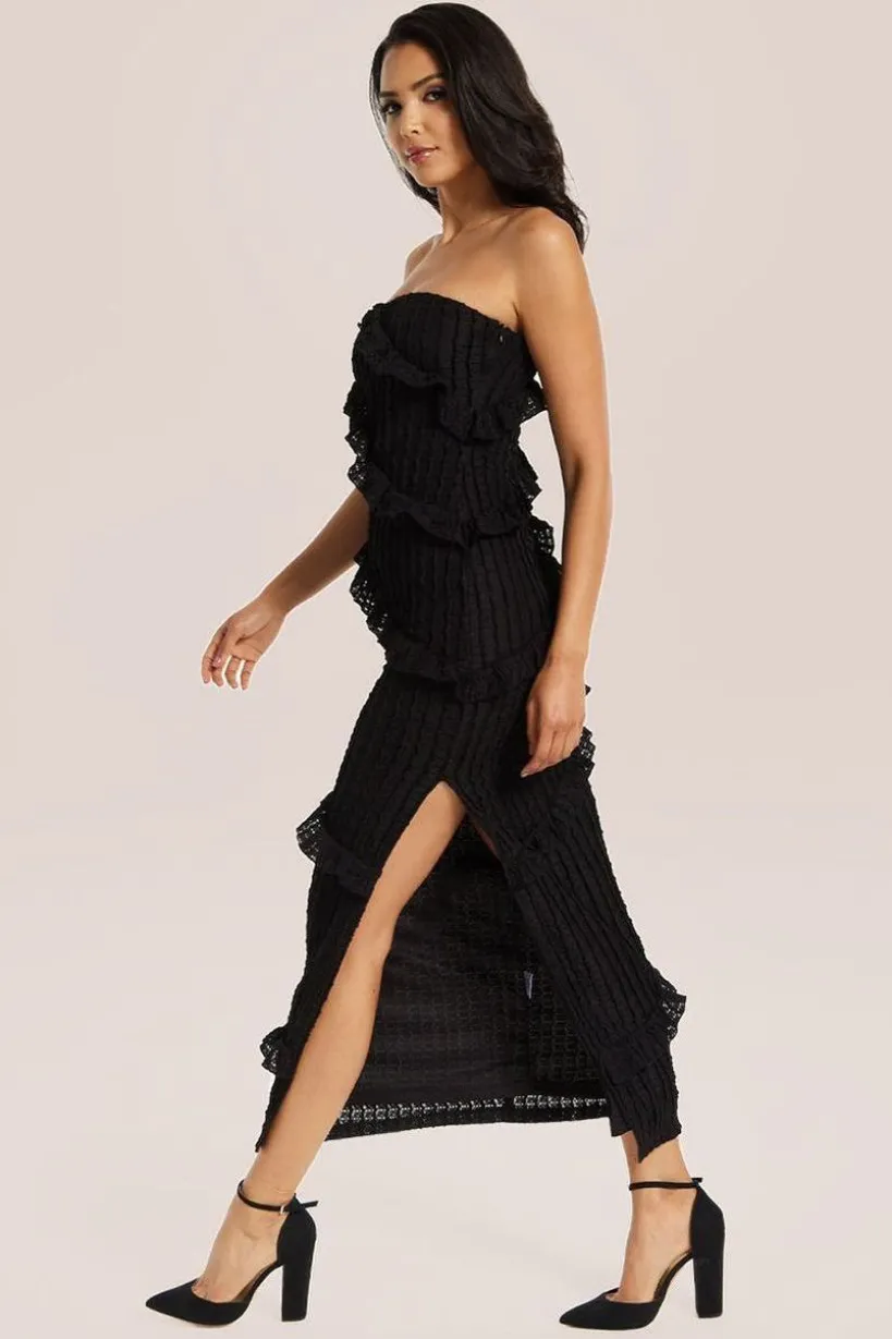 Diagonal Frilled Slit Detail Jersey Dress In Black by Liquorish