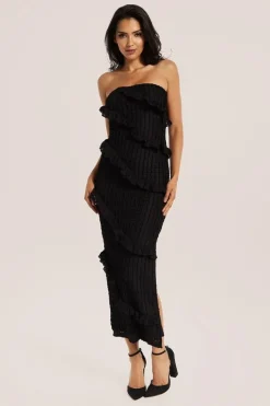 Diagonal Frilled Slit Detail Jersey Dress In Black by Liquorish