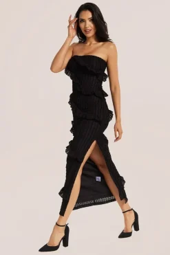 Diagonal Frilled Slit Detail Jersey Dress In Black by Liquorish
