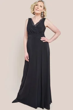 Diamante & Scalloped Lace Neck Maxi Dress - Black by Goddiva