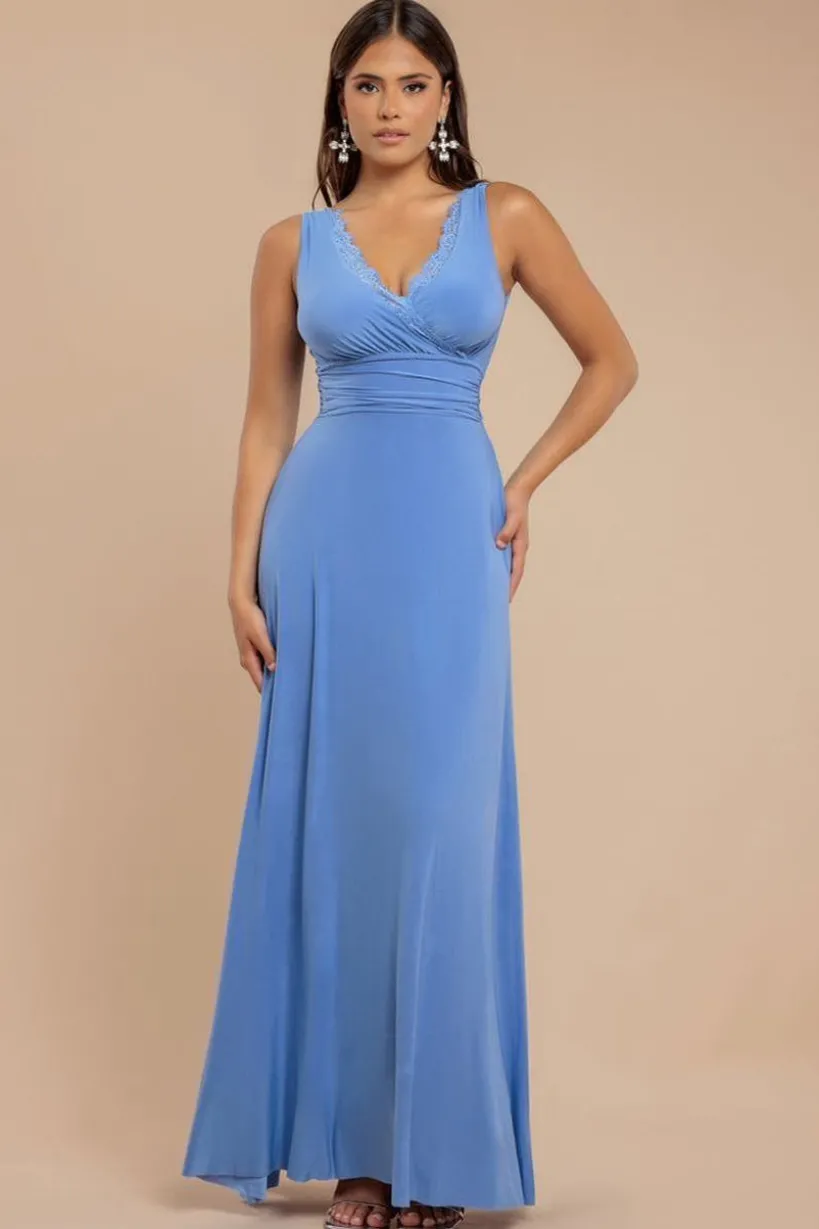 Diamante & Scalloped Lace Neck Maxi Dress - Cornflower Blue by Goddiva