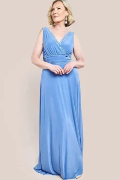 Diamante & Scalloped Lace Neck Maxi Dress - Corn Flower Blue by Goddiva