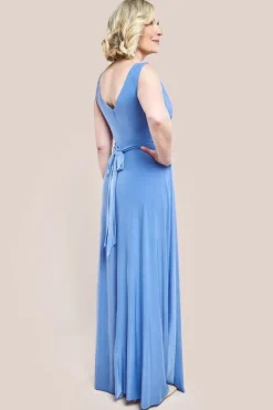 Diamante & Scalloped Lace Neck Maxi Dress - Corn Flower Blue by Goddiva