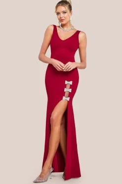 Diamante Brooch Thigh Split Mermaid Maxi Dress - Wine by Goddiva
