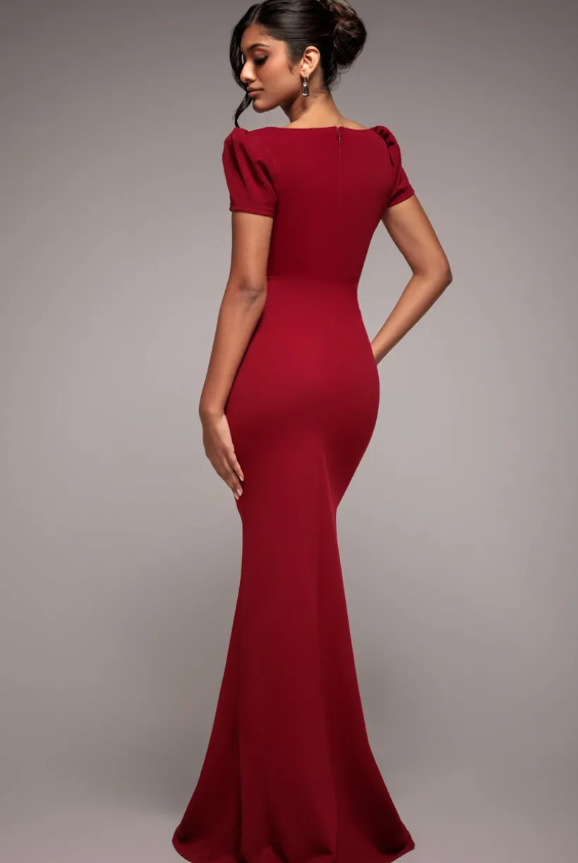 Diamante Embellished Bow Scuba Crepe Maxi Dress - Wine by Goddiva