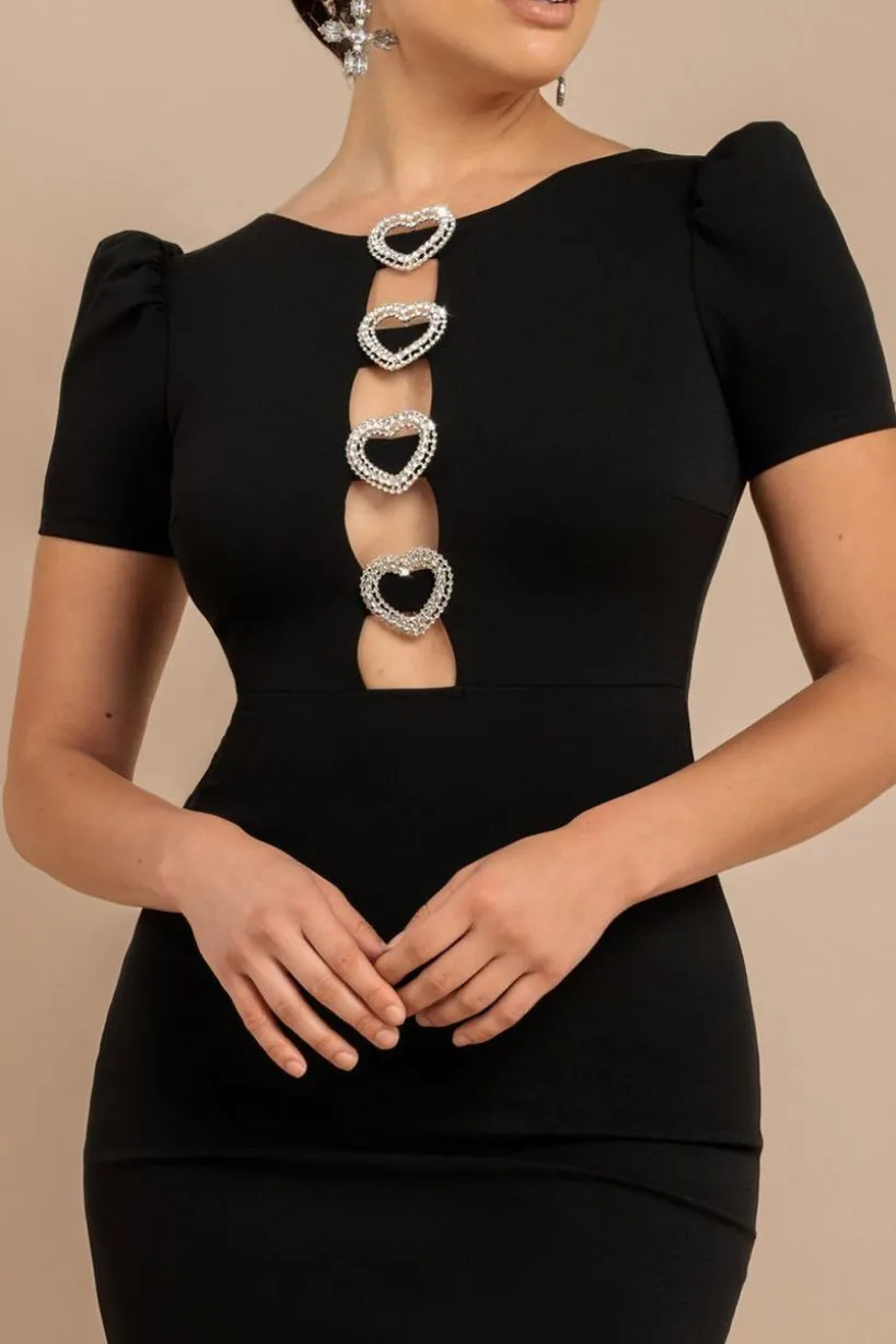 Diamante Embellished Heart Brooch Scuba Maxi Dress - Black by Goddiva