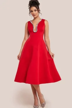 Diamante Embellished Neck A-Line Midi Dress - Red by Goddiva
