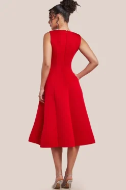 Diamante Embellished Neck A-Line Midi Dress - Red by Goddiva
