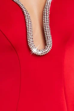 Diamante Embellished Neck A-Line Midi Dress - Red by Goddiva