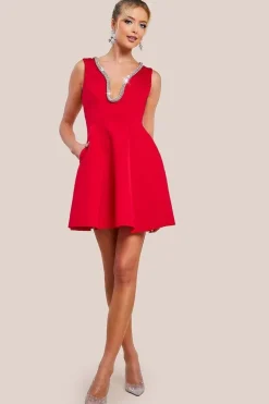 Diamante Embellished Neck A-Line Mini Dress - Red by Goddiva