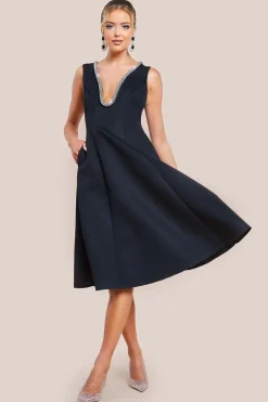 Diamante Embellished Neck A-Line Midi Dress - Black by Goddiva