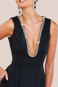Diamante Embellished Neck A-Line Midi Dress - Black by Goddiva