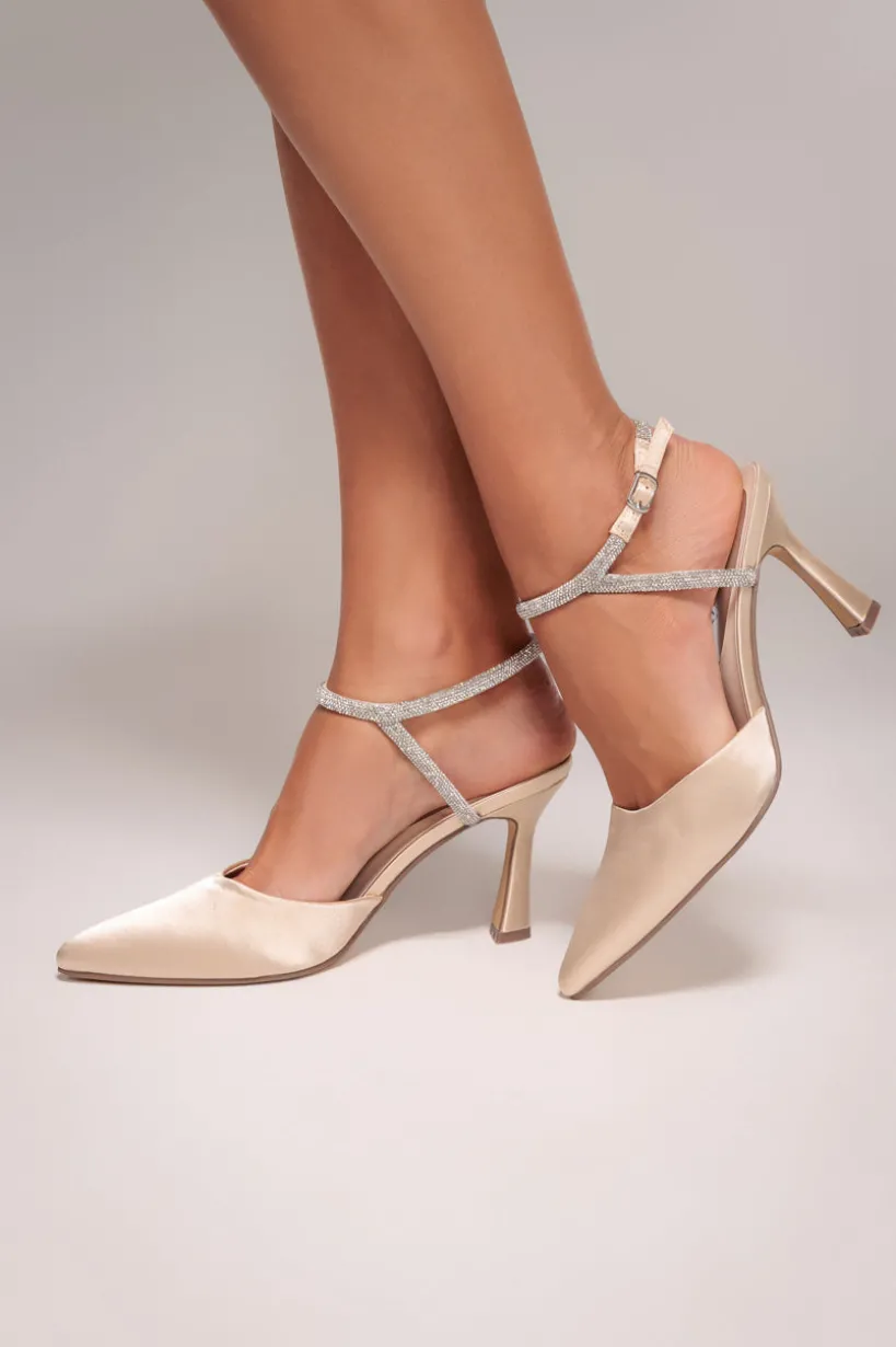 Diamante Embellished Satin Slingback Court Heels - Nude Satin by Goddiva