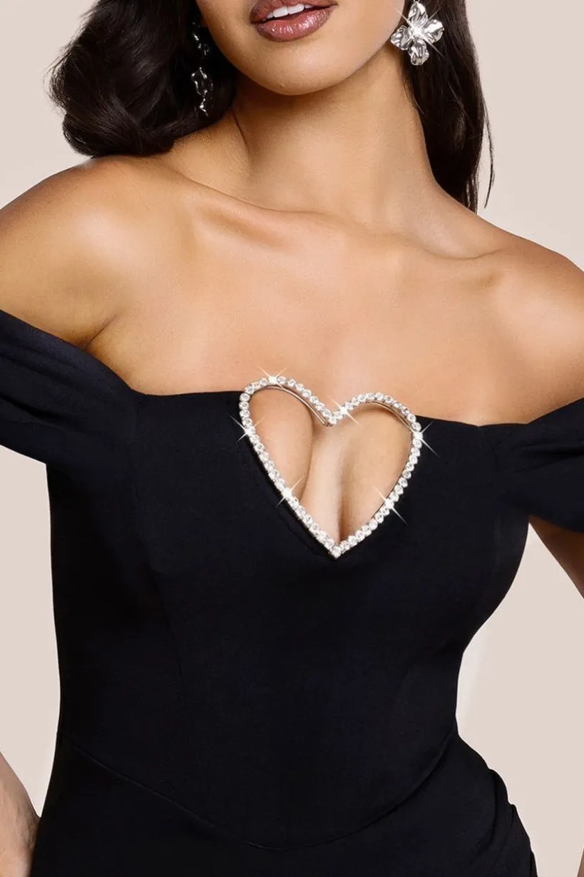 Diamante Heart Trim Evening Maxi Dress - Black by Goddiva