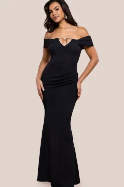 Diamante Heart Trim Evening Maxi Dress - Black by Goddiva