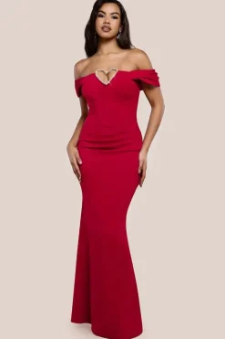 Diamante Heart Trim Evening Maxi Dress - Red by Goddiva