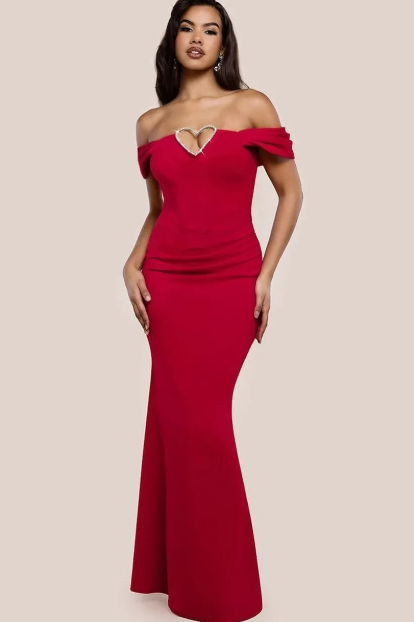 Diamante Heart Trim Evening Maxi Dress - Red by Goddiva