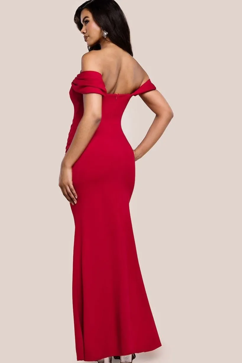Diamante Heart Trim Evening Maxi Dress - Red by Goddiva