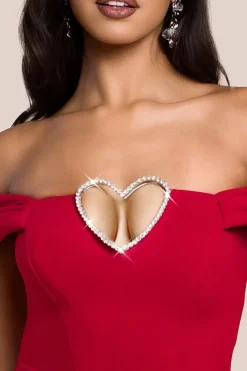 Diamante Heart Trim Evening Maxi Dress - Red by Goddiva
