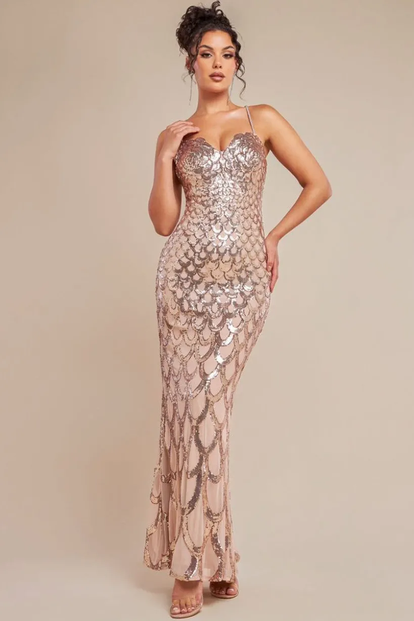 Diamante Strap Fish Scale Sequin Maxi Dress - Champagne by Goddiva