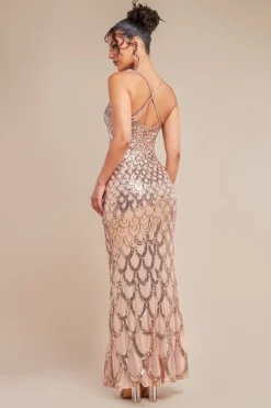 Diamante Strap Fish Scale Sequin Maxi Dress - Champagne by Goddiva