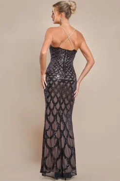 Diamante Strap Fish Scale Sequin Maxi Dress - Black by Goddiva