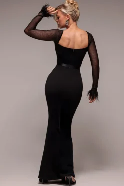 Dobby Mesh Feather Sleeve Evening Maxi Dress - Black by Goddiva