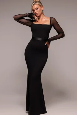 Dobby Mesh Feather Sleeve Evening Maxi Dress - Black by Goddiva