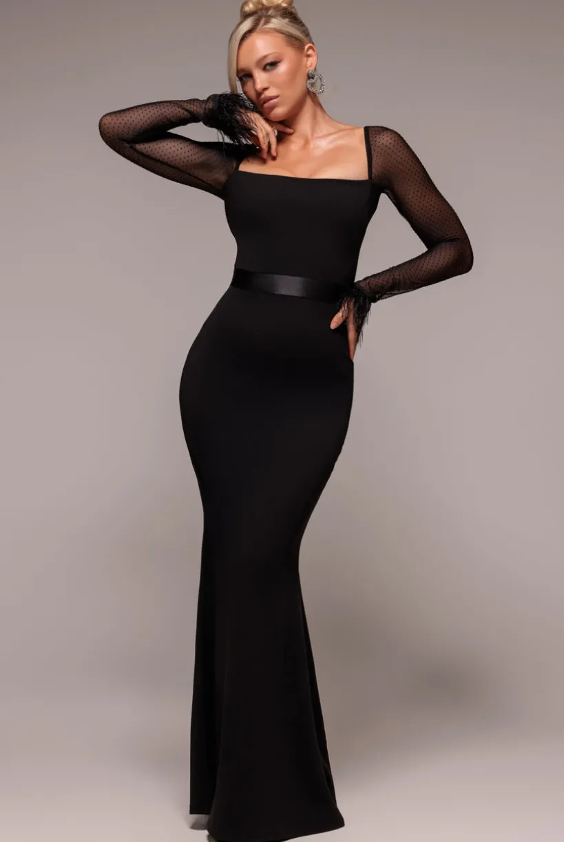 Dobby Mesh Feather Sleeve Evening Maxi Dress - Black by Goddiva