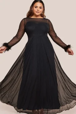 Dobby Mesh Feather Sleeve Hem Maxi Dress - Black by Goddiva Plus
