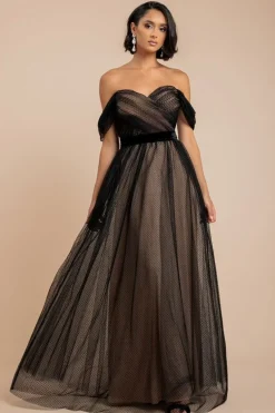 Dobby Mesh Off The Shoulder Princess Maxi Dress - Black by Goddiva