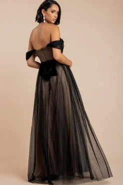 Dobby Mesh Off The Shoulder Princess Maxi Dress - Black by Goddiva