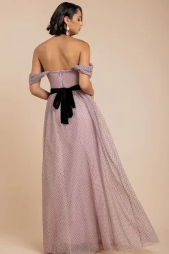 Dobby Mesh Off The Shoulder Princess Maxi Dress - Blush by Goddiva