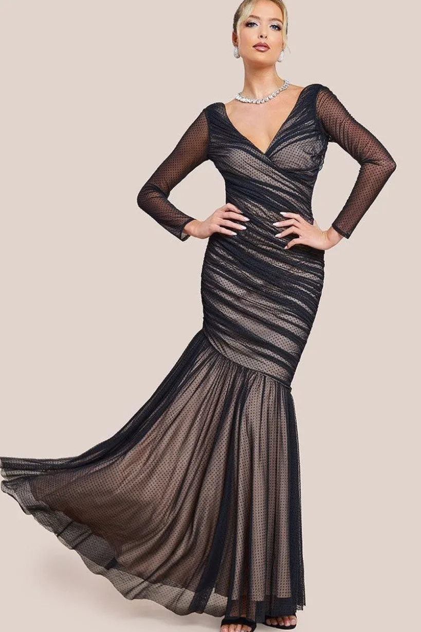 Dobby Mesh Wrap Style Gathered Maxi Dress - Black by Goddiva