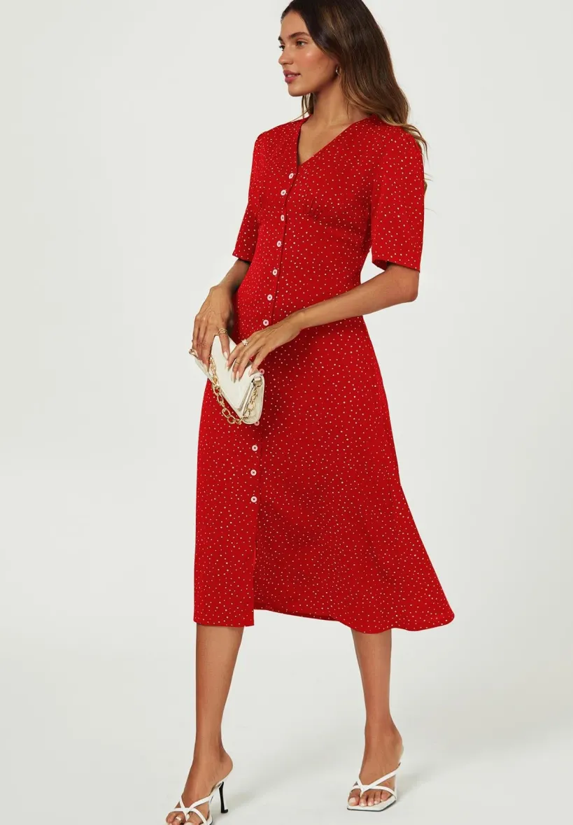 Dot Print Button Front Midi Dress In Red by FS Collection