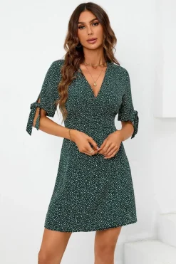Dot Print Wrap Top Mini Dress In Green by FS Collection