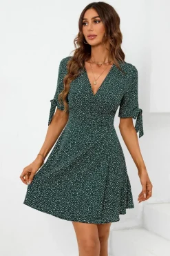 Dot Print Wrap Top Mini Dress In Green by FS Collection