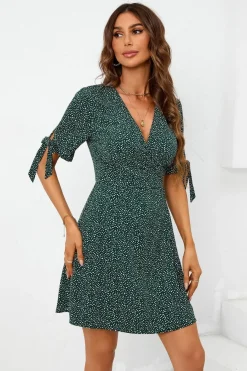 Dot Print Wrap Top Mini Dress In Green by FS Collection