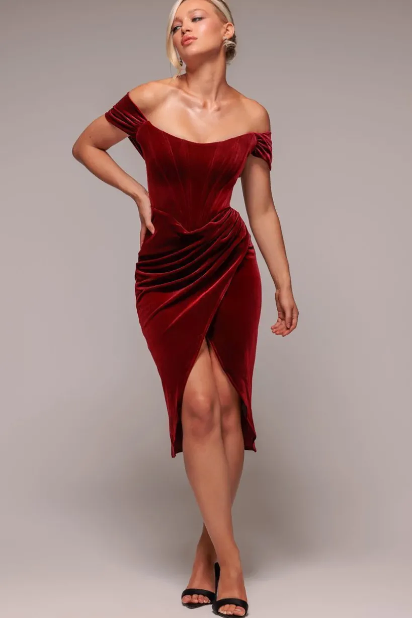 Draped Shoulder Velvet Corset Midi Dress - Wine by Goddiva