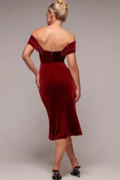 Draped Shoulder Velvet Corset Midi Dress - Wine by Goddiva