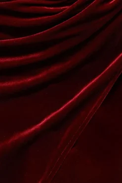 Draped Shoulder Velvet Corset Midi Dress - Wine by Goddiva