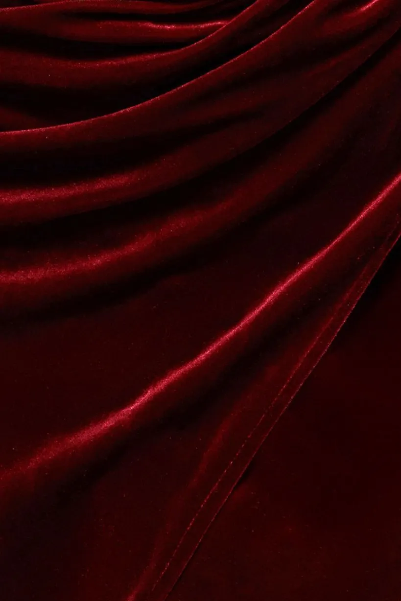 Draped Shoulder Velvet Corset Midi Dress - Wine by Goddiva