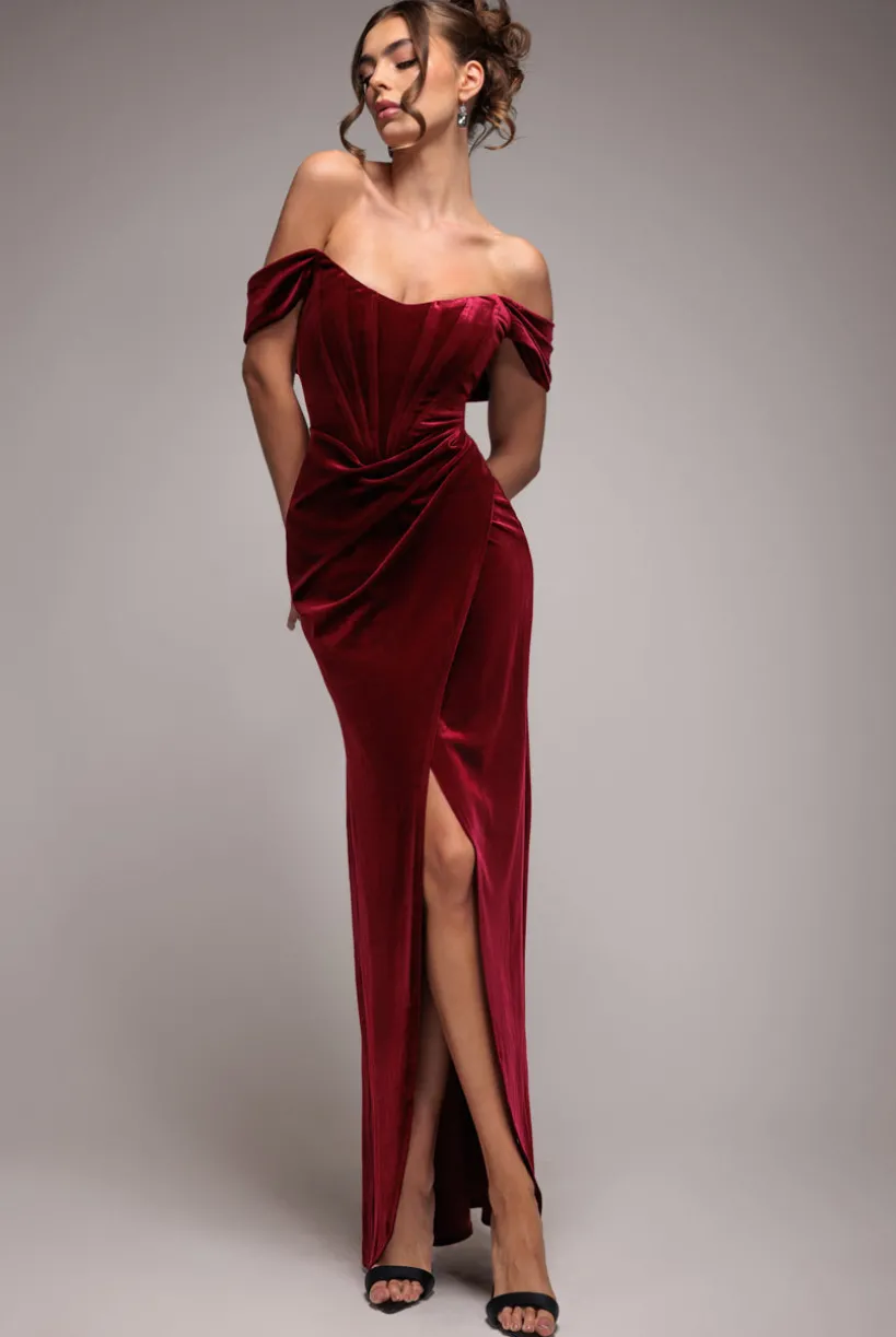 Draped Shoulder Velvet Corset Maxi Dress - Wine by Goddiva