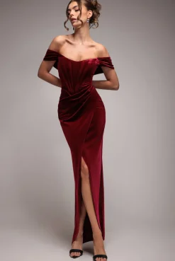 Draped Shoulder Velvet Corset Maxi Dress - Wine by Goddiva